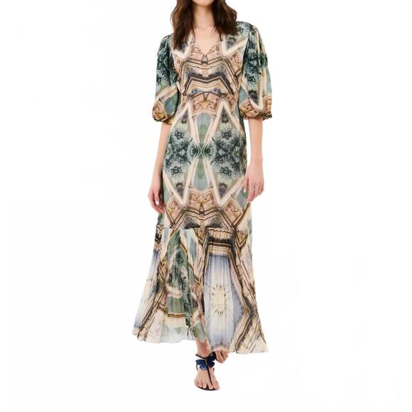 NEW FALGUNI SHANE PEACOCK palm prism cut out back dress in green